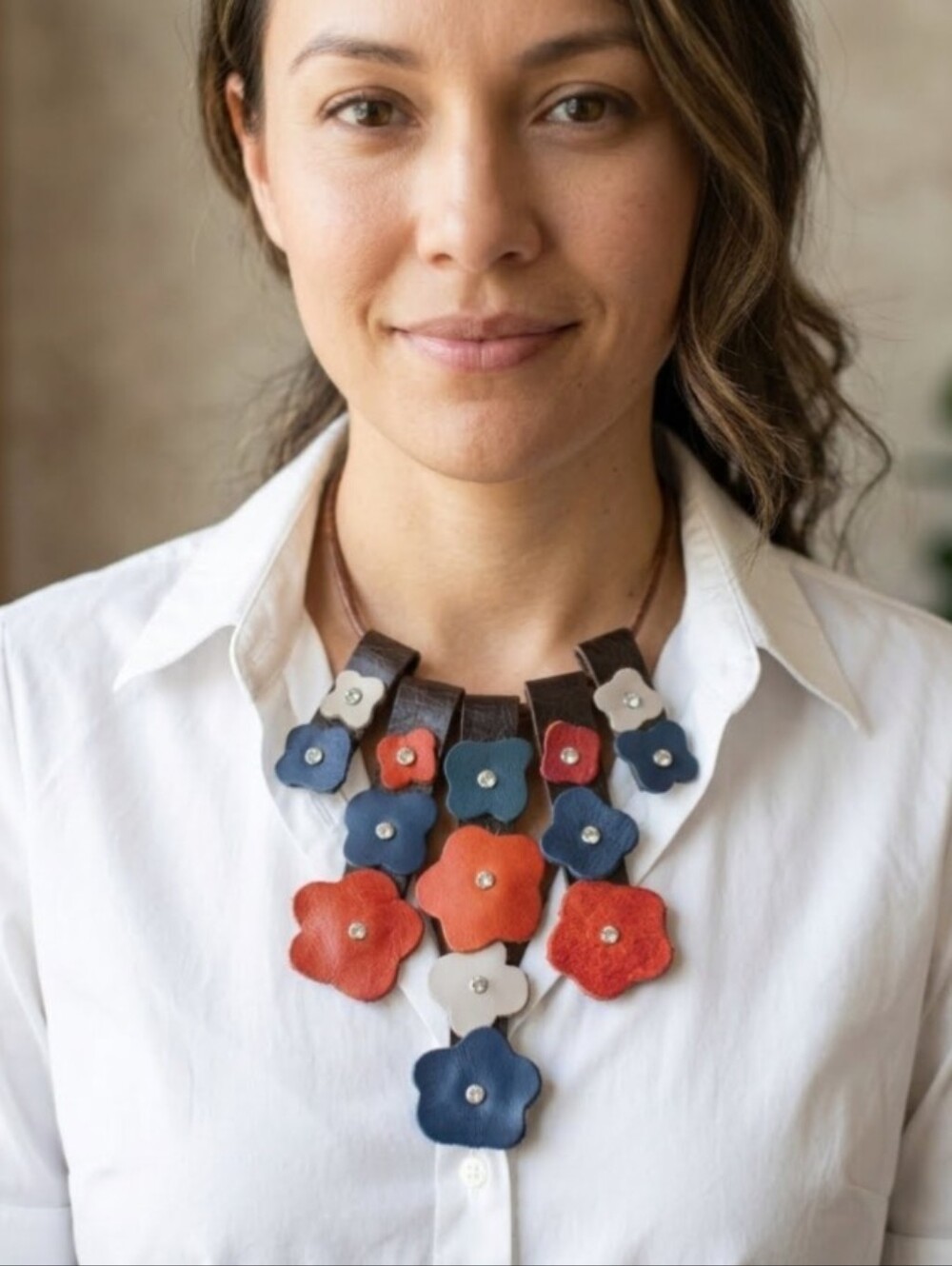 Handmade Genuine Leather 2D Statement Flower Necklace Red White Blue 051